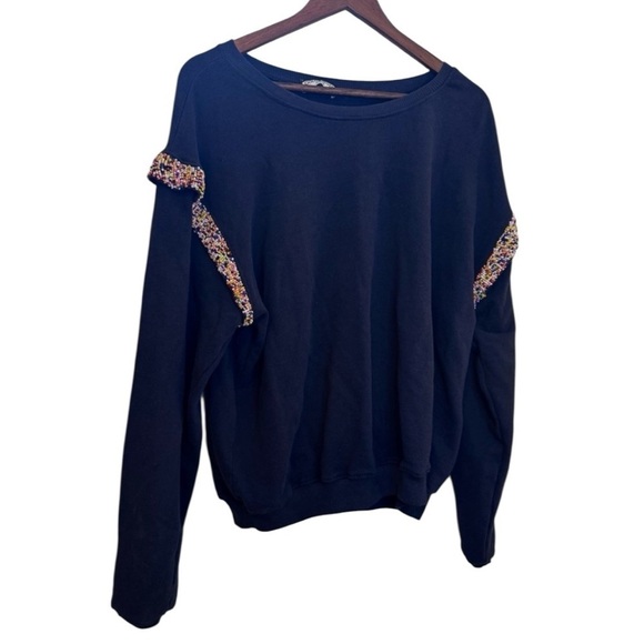 Gold and Silver Paris Tops - Gold and Silver Woman’s Black Sweatshirt with Colorful Beaded Ruffle Details Med